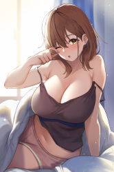 Rule 34 | 1girl, :o, absurdres, bare shoulders, breasts, brown eyes, brown hair, brown shirt, cleavage, collarbone, highres, huge breasts, indoors, large breasts, long hair, looking at viewer, lying, midriff, mole, mole under eye, navel, open mouth, original, pink shorts, rubbing eyes, shirt, short shorts, shorts, solo, strap slip, tank top, udon (udonalium), under covers, waking up, window