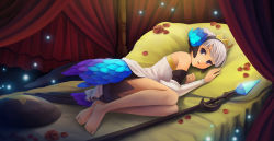 Rule 34 | 1girl, bare shoulders, barefoot, bed, canopy bed, crown, detached sleeves, feet, gwendolyn (odin sphere), hair bun, highres, legs, legs together, lying, odin sphere, on side, petals, pillow, polearm, purple eyes, shield, short hair, silver hair, single hair bun, skirt, solo, spear, sunimu, toes, weapon
