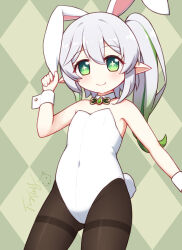 Rule 34 | 1girl, animal ears, argyle, argyle background, argyle clothes, bare shoulders, brown pantyhose, closed mouth, collar, commentary request, covered navel, cross-shaped pupils, detached collar, genshin impact, gradient hair, green eyes, green hair, hair between eyes, hand on own ear, hand up, highres, langbazi, leotard, looking at viewer, multicolored hair, nahida (genshin impact), pantyhose, playboy bunny, pointy ears, rabbit ears, rabbit tail, side ponytail, signature, smile, solo, strapless, strapless leotard, symbol-shaped pupils, tail, thighband pantyhose, white collar, white leotard, wing collar, wrist cuffs
