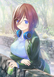 Rule 34 | 1girl, arm support, blazer, blue cardigan, blue eyes, breasts, can, cardigan, closed mouth, colored eyelashes, commentary request, dappled sunlight, day, drink can, eyes visible through hair, go-toubun no hanayome, green jacket, green skirt, hair over one eye, hand on own arm, headphones, headphones around neck, highres, hirokiku, holding, holding can, jacket, large breasts, leaning forward, long hair, long sleeves, nakano miku, open clothes, open jacket, outdoors, purple hair, road, school uniform, skirt, smile, soda can, solo, sunlight, tree, upper body