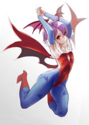 Rule 34 | 1girl, animal print, armpits, arms up, bat print, blue pantyhose, boots, breasts, full body, gradient background, head wings, highres, hiro1984, leotard, lilith aensland, looking at viewer, low wings, pantyhose, patterned legwear, print pantyhose, purple hair, red eyes, red footwear, red leotard, shoes, short hair, simple background, small breasts, smile, solo, vampire (game), wings