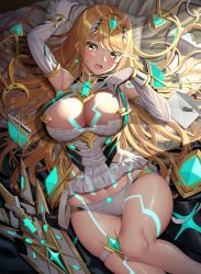 Rule 34 | 1girl, absurdres, arm up, blonde hair, blush, breasts, bunny hood (zelda), elbow gloves, envelope, gloves, highres, knee up, large breasts, long hair, looking at viewer, lying, mythra (xenoblade), nemunemu semi, on back, open mouth, panties, solo, thighs, underwear, white gloves, white panties, xenoblade chronicles (series), xenoblade chronicles 2, yellow eyes