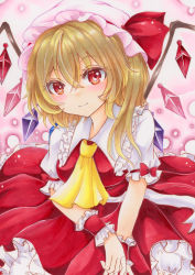 Rule 34 | 1girl, absurdres, ascot, blonde hair, blush, breasts, closed mouth, collared shirt, commentary request, flandre scarlet, frilled shirt collar, frilled skirt, frilled sleeves, frills, hair between eyes, hat, hat ribbon, head tilt, highres, looking at viewer, marker (medium), medium hair, mob cap, multicolored wings, pink background, pink hat, red eyes, red ribbon, red skirt, red vest, ribbon, shirt, short sleeves, simple background, skirt, small breasts, smile, solo, touhou, traditional media, vest, white shirt, wings, wrist cuffs, yapt3845, yellow ascot