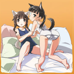 Rule 34 | 2girls, :d, ahoge, animal ears, ass, bad anatomy, bad feet, barefoot, black hair, blush, brown eyes, brown hair, cameltoe, eyepatch, fat mons, kneepits, legs, looking back, mozu (peth), multiple girls, one-piece swimsuit, open mouth, petite, pillow, ponytail, poorly drawn, sakamoto mio, school swimsuit, smile, strike witches, strike witches: kurenai no majo-tachi, swimsuit, tail, takei junko, world witches series, yellow eyes