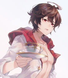 Rule 34 | 1boy, ahoge, bare pectorals, brown hair, buttons, coffee cup, commentary request, cup, disposable cup, endend (shinia), granblue fantasy, hair between eyes, holding, holding plate, hood, hood down, jacket, looking at viewer, male focus, messy hair, open clothes, open jacket, parted lips, pectorals, plate, red eyes, sandalphon (granblue fantasy), sandalphon (summer) (granblue fantasy), short hair, simple background, solo focus, upper body, wet, wet clothes, white background