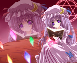 Rule 34 | 1girl, blush, book, bow, crystal, female focus, hair bow, hat, head tilt, hexagram, long hair, magic, magic circle, marionette (excle), patchouli knowledge, purple eyes, purple hair, sitting, solo, touhou, zoom layer