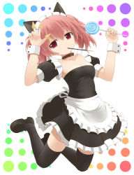 Rule 34 | 10s, 1girl, black thighhighs, breasts, bugles, bugles (food), bugles on fingers, candy, cleavage, collar, food, food on hand, goribote, holding, inu x boku ss, jumping, loafers, lollipop, looking at viewer, maid, maid headdress, mouth hold, pink eyes, pink hair, pocky, roromiya karuta, shoes, small breasts, solo, swirl lollipop, thighhighs, twintails, wrist cuffs, zettai ryouiki