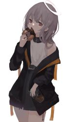 Rule 34 | 1girl, absurdres, bare shoulders, black jacket, black nails, black skirt, cup, disposable cup, doughnut, drinking straw, food, grey hair, hair between eyes, halo, hand up, highres, holding, holding cup, holding food, jacket, long hair, long sleeves, looking at viewer, nail polish, ogami ren, open clothes, open jacket, original, parted lips, red eyes, shirt, simple background, skirt, sleeveless, sleeveless shirt, solo, white background, white shirt