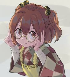 Rule 34 | 1girl, 5alive, apron, bell, character name, checkered clothes, checkered kimono, closed mouth, clothes writing, glasses, hair bell, hair ornament, happy, japanese clothes, jingle bell, kimono, looking at viewer, motoori kosuzu, red eyes, red hair, romaji text, shirt, short hair, simple background, smile, touhou, twintails, two side up, upper body, white background, white shirt, wide sleeves, yellow apron