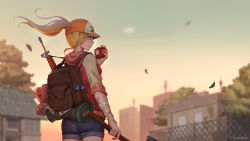 Rule 34 | 1girl, apple, axe, backpack, bag, bandaged arm, bandages, baseball cap, blonde hair, blue eyes, blurry, blurry background, building, dark duck, eating, facing away, food, fruit, gun, hair through headwear, hat, highres, holding, holding axe, holding food, holding fruit, long hair, m16, m16a1, outdoors, ponytail, shorts, solo, sunset, weapon, wind, zhelter
