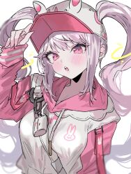 1girl :o alice_(nikke) alice_(sweet_home)_(nikke) animal_ear_headwear animal_ears aogisa baseball_cap blush fake_animal_ears goddess_of_victory:_nikke grey_hair hat highres hood hood_down hoodie long_hair official_alternate_costume pink_eyes pink_hoodie pink_sleeves simple_background solo twintails two-tone_hoodie upper_body white_background white_hoodie