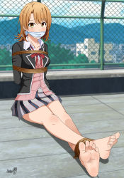 Rule 34 | 1girl, absurdres, arms behind back, barefoot, bdsm, blush, body blush, bondage, bound, bound ankles, breast bondage, breasts, brown eyes, brown hair, cloth gag, collarbone, gag, gagged, hair between eyes, highres, improvised gag, isshiki iroha, legs, long legs, looking at viewer, miniskirt, open collar, over the mouth gag, ribbon, rope, school uniform, shadow xcp, skirt, toenails, toes, yahari ore no seishun lovecome wa machigatteiru.