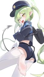 Rule 34 | 1girl, armband, black hat, black tail, blue archive, blue armband, demon tail, fang, from behind, gloves, green hair, green halo, halak0000, halo, hat, highres, long hair, long sleeves, looking at viewer, looking back, mesugaki, nozomi (blue archive), open mouth, panties, panties under shorts, panty peek, peaked cap, pointy ears, short shorts, shorts, skin fang, solo, tail, thighhighs, thighhighs pull, train conductor, twintails, underwear, upshorts, white gloves, white thighhighs, yellow eyes