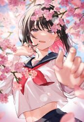 Rule 34 | 1girl, blurry, blurry foreground, branch, breasts, brown hair, cherry blossoms, colored inner hair, commentary, crying, crying with eyes open, day, flower, grey sailor collar, grey skirt, hand on own cheek, hand on own face, hand up, highres, light blush, long sleeves, looking at viewer, medium hair, midriff, multicolored hair, neckerchief, open mouth, original, outdoors, petals, pink flower, pink hair, pleated skirt, reaching, reaching towards viewer, red neckerchief, sailor collar, sailor shirt, school uniform, serafuku, shinishi chiho, shirt, signature, skirt, small breasts, solo, spring (season), tears, upper body, white shirt