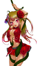 Rule 34 | 1girl, blush, breasts, cleavage, flower, highres, jewelry, midriff, monster girl, navel, open mouth, piercing, red eyes, red theme, reni, ring, rose, simple background, solo, thorns