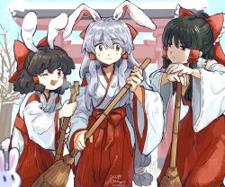 Rule 34 | 2023, 3girls, alternate costume, animal ears, black hair, bow, breath, broom, chinese zodiac, dated, detached sleeves, grey hair, hair bow, hair tubes, hakama, hakurei reimu, half updo, holding, holding broom, hunggryhunggry, inaba tewi, japanese clothes, kimono, long hair, long sleeves, looking at another, miko, multiple girls, nontraditional miko, one eye closed, open mouth, outdoors, ponytail, rabbit, rabbit ears, rabbit tail, red bow, red eyes, reisen udongein inaba, sidelocks, snow, sweat, tail, touhou, twitter username, white kimono, wide sleeves, year of the rabbit