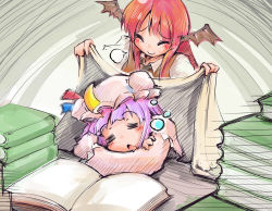 Rule 34 | 2girls, = =, ^ ^, absurdres, bat wings, blanket, blush, book, book stack, bow, capelet, closed eyes, covering with blanket, crescent, crossed arms, dress shirt, drooling, hat, hat bow, head rest, head wings, highres, koakuma, long sleeves, mob cap, multiple girls, necktie, open book, patchouli knowledge, purple hair, red hair, shinapuu, shirt, sigh, simple background, sleeping, smile, table, touhou, vest, wings