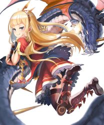 Rule 34 | 10s, 1girl, black panties, blonde hair, bow, cagliostro (granblue fantasy), crown, granblue fantasy, long hair, monster, ouroboros (granblue fantasy), panties, purple eyes, simple background, smile, solo, thighhighs, underwear, uro (uro zi)