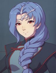 Rule 34 | 1girl, blue hair, braid, breasts, brown eyes, closed mouth, commentary, english commentary, hair over shoulder, highres, long hair, looking at viewer, medium breasts, military, military uniform, miura-n315, red eyes, seikai no senki, simple background, single braid, smile, solo, spoor, uniform, upper body