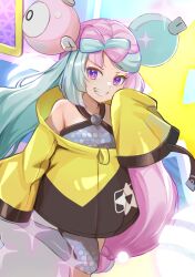 Rule 34 | 1girl, bow-shaped hair, character hair ornament, commentary request, creatures (company), eyelashes, game freak, green hair, grey pantyhose, grey shirt, grin, hair ornament, hand up, iono (pokemon), jacket, leg up, mizuiro123, multicolored hair, nintendo, pantyhose, pink hair, pokemon, pokemon sv, purple eyes, shirt, single leg pantyhose, sleeveless, sleeveless shirt, sleeves past fingers, sleeves past wrists, smile, solo, sparkle, star (symbol), star print, teeth, two-tone hair, yellow jacket