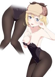 Rule 34 | 1girl, :d, alternate costume, areola slip, bare arms, bare shoulders, black leotard, blonde hair, blue eyes, blush, breasts, cleavage, collarbone, commentary, coro fae, cowboy shot, hair between eyes, hair ornament, hat, highleg, highleg leotard, highres, hololive, hololive english, knees together feet apart, leotard, looking at viewer, medium breasts, monocle, open mouth, pantyhose, playboy bunny, simple background, smile, solo, strapless, strapless leotard, thighs, v, virtual youtuber, watson amelia, white background