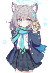 Rule 34 | 1girl, animal ear fluff, animal ears, black jacket, black skirt, blue archive, blue eyes, blue halo, blue necktie, blue scarf, blush, can, cat ears, cat girl, closed mouth, commentary, cowboy shot, cross hair ornament, grey hair, hair between eyes, hair ornament, halo, highres, holding, holding can, jacket, long sleeves, looking at viewer, medium hair, necktie, open clothes, open jacket, pleated skirt, sateto (user knrf2332), scarf, shiroko (blue archive), shirt, simple background, skirt, solo, white background, white shirt, wolf ears