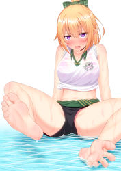 Rule 34 | 1girl, absurdres, blonde hair, blush, bow, breasts, chloe (princess connect!), chloe (school festival) (princess connect!), choker, collarbone, feet, green bow, hair between eyes, hair bow, highres, legs, long hair, looking at viewer, medium breasts, midriff, navel, open mouth, pointy ears, ponytail, princess connect!, purple eyes, shirouzu myuuta, shirt, short sleeves, sidelocks, sitting, sleeves rolled up, soles, solo, sweat, thighs, tied shirt, toes, water, wet, wet clothes
