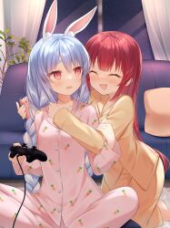 Rule 34 | 2girls, animal ear fluff, animal ears, blue hair, blush, braid, closed eyes, controller, couch, curtains, hair down, haruhitooo, highres, holding, holding controller, hololive, houshou marine, hug, hug from behind, indoors, long hair, long sleeves, low twin braids, multicolored hair, multiple girls, night, open mouth, pajamas, pillow, rabbit ears, rabbit girl, red hair, smile, thick eyebrows, twin braids, two-tone hair, usada pekora, virtual youtuber, white hair, window, yuri