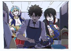 Rule 34 | 3boys, apron, bad food, black hair, blonde hair, bottle, command spell, commentary request, crossed arms, closed eyes, fate/grand order, fate (series), fujimaru ritsuka (male), gauntlets, gilgamesh, gilgamesh (caster) (fate), gilgamesh (fate), hair between eyes, holding, horns, long hair, male focus, mi (pic52pic), multiple boys, open mouth, plate, red eyes, smile, sweatdrop, tattoo, tentacles, turban, yan qing (fate), yellow eyes