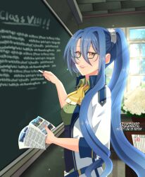 Rule 34 | absurdres, artist name, azumishard, blue hair, book, chalk, chalkboard, coat, commentary, commission, double-parted bangs, eiyuu densetsu, english commentary, english text, flower, flower pot, glasses, hair between eyes, highres, holding, holding book, holding chalk, indoors, laura s. arseid, light rays, long hair, looking at viewer, pink lips, ponytail, sen no kiseki, sen no kiseki iii, sidelocks, smile, sunbeam, sunlight, very long hair, window, yellow eyes