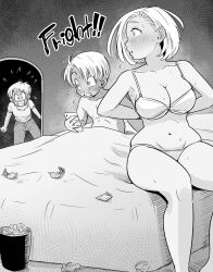 Rule 34 | 1boy, 2girls, age difference, android 18, angry, bed, bedroom, blush, bra, breasts, bulma, cellphone, cleavage, condom, condom wrapper, denim, dragonball z, embarrassed, heavy breathing, highres, jeans, large breasts, monochrome, multiple girls, pants, phone, pink mousse, shirt, short hair, smartphone, sweat, trunks (dragon ball), underboob, underwear, used condom
