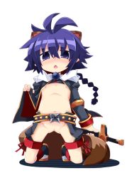 Rule 34 | animal ears, blue eyes, blue hair, braid, empty eyes, flat chest, gluteal fold, kneeling, matsuhime mujina, navel, nipples, no panties, open clothes, pussy, reku, shinrabanshou, solo, sword, tail, uncensored, weapon
