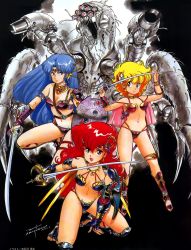 Rule 34 | 1980s (style), 3girls, akaishizawa takashi, armor, bikini armor, blonde hair, blue hair, capelet, daitokuji biko, earrings, green eyes, highres, holding, holding sword, holding weapon, jewelry, kotobuki shiiko, looking at viewer, magami eiko, monster girl, multiple girls, navel, official art, retro artstyle, open mouth, ornament, project a-ko, red eyes, red hair, retro artstyle, shield, smile, sword, thighlet, vambraces, weapon