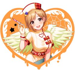 Rule 34 | 1girl, :d, aiba yumi, blonde hair, blush, bow, breasts, brown eyes, clipboard, dot nose, dress, dress bow, fake wings, flower, gloves, hair flower, hair ornament, halloween, hand up, hat, heart, holding, holding clipboard, holding syringe, idolmaster, idolmaster cinderella girls, idolmaster cinderella girls starlight stage, jack-o&#039;-lantern, looking at viewer, medium breasts, migaku1783, nurse, nurse cap, open mouth, orange background, plaid, plaid bow, plaid headwear, plaid sleeves, red bow, red ribbon, ribbon, scrunchie, short hair, short sleeves, silk, smile, solo, spider web, star (symbol), syringe, teeth, two-tone headwear, upper teeth only, white dress, white gloves, white scrunchie, wings, wrist scrunchie