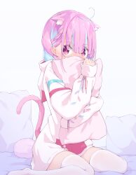 Rule 34 | 1girl, absurdres, ahoge, anchor print, animal ears, blue hair, blunt bangs, blush, braid, cat ears, cat girl, cat tail, covered mouth, eyes visible through hair, full body, grey background, hair over eyes, highres, hololive, hood, hood down, hoodie, ikamoworkshop, long hair, long sleeves, looking at viewer, looking to the side, minato aqua, multicolored hair, hugging object, pillow, pillow hug, pink hoodie, purple eyes, purple hair, simple background, sitting, sleeves past wrists, solo, streaked hair, tail, thighhighs, virtual youtuber, wariza, white thighhighs, zettai ryouiki