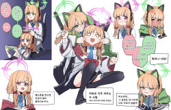 Rule 34 | 2girls, animal ear headphones, animal ears, black thighhighs, blonde hair, blue archive, blue necktie, bow, cat ears, cheek pinching, clenched teeth, collage, controller, fake animal ears, game controller, green bow, hair bow, halo, headphones, highres, holding, holding controller, holding game controller, korean commentary, korean text, lap pillow, lying, midori (blue archive), momoi (blue archive), multiple girls, necktie, pinching, playing games, red bow, rodeong r, shirt, siblings, sidelocks, simple background, sisters, speech bubble, tears, teeth, thighhighs, twins, white background, white shirt