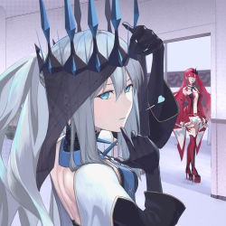 Rule 34 | absurdres, bad id, bad pixiv id, baobhan sith (fate), baobhan sith (first ascension) (fate), black bow, blue eyes, blue lips, blush, bow, braid, center frills, center opening, clothing cutout, crown, dress, fate/grand order, fate (series), french braid, frills, grey eyes, heart, highres, lipstick, long hair, looking at viewer, makeup, morgan le fay (fate), morgan le fay (queen of winter) (fate), pink hair, pointy ears, ponytail, red dress, sidelocks, smile, spoken heart, stomach cutout, tiara, torayotorayomonekonouchi, two-tone dress, veil, veil lift, white hair