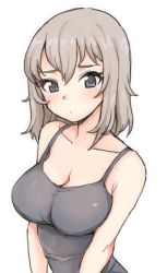Rule 34 | 10s, 1girl, arms at sides, blue eyes, blush, breasts, camisole, cleavage, girls und panzer, hair between eyes, itsumi erika, jorin, large breasts, light brown hair, looking at viewer, medium hair, simple background, solo, white background