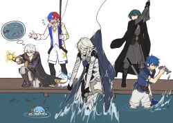 Rule 34 | 1girl, 5boys, alear (fire emblem), alear (male) (fire emblem), azura (fire emblem), blue hair, byleth (fire emblem), byleth (male) (fire emblem), cape, corrin (fire emblem), corrin (male) (fire emblem), fire emblem, fire emblem: new mystery of the emblem, fire emblem: three houses, fire emblem awakening, fire emblem engage, fire emblem fates, fish, fishing rod, highres, holding, kneeling, kris (fire emblem), kris (male) (fire emblem), long sleeves, multicolored hair, multiple boys, nintendo, partially submerged, red hair, robin (fire emblem), robin (male) (fire emblem), shirt, short hair, standing, two-tone hair, white background, white hair, zuzu (ywpd8853)