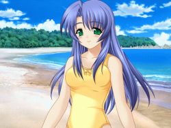 Rule 34 | 00s, 1girl, animated, animated gif, beach, blue hair, bouncing breasts, breasts, casual one-piece swimsuit, day, forest, game cg, green eyes, lamune, long hair, nature, one-piece swimsuit, outdoors, photo background, small breasts, smile, solo, swimsuit, tomosaka suzuka, water