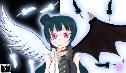 Rule 34 | 1girl, angel wings, artist name, artist request, bare shoulders, black feathers, blue hair, blush, collared dress, collared shirt, demon wings, dress, feathers, female focus, hair bun, long hair, looking at viewer, love live!, love live! sunshine!!, red eyes, shirt, single hair bun, smile, solo, tsushima yoshiko, white feathers, wings, x