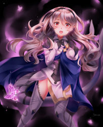 Rule 34 | 1girl, armor, aura, ayame (norie11), black gloves, black hairband, blue cape, bug, butterfly, cape, corrin (female) (fire emblem), corrin (fire emblem), dark aura, dragon tail, fire emblem, fire emblem fates, fire emblem heroes, gloves, hairband, insect, long hair, nintendo, open mouth, pointy ears, red eyes, signature, solo, tail, tearing up, white hair