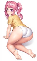 Rule 34 | 1girl, :o, all fours, ass, bang dream!, bare legs, barefoot, blouse, blush, breasts, cameltoe, feet, full body, lambda (kusowarota), long hair, maruyama aya, medium breasts, open mouth, panties, pink eyes, pink hair, polka dot, polka dot shirt, shirt, short sleeves, sidelocks, simple background, soles, solo, symbol-shaped pupils, toes, twintails, underwear, white background, white panties, yellow shirt