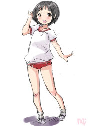 Rule 34 | 1girl, alternate costume, bag, bandaid, bandaid on knee, bandaid on leg, black hair, brown eyes, buruma, commentary request, fuji (pixiv24804665), full body, gym shirt, gym uniform, highres, kantai collection, looking at viewer, maru-yu (kancolle), open mouth, red buruma, round teeth, shirt, short hair, short sleeves, simple background, smile, solo, standing, t-shirt, teeth, thick eyebrows, upper teeth only, white background, white footwear, white shirt