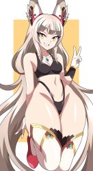 Rule 34 | 1girl, absurdres, abysswatchers, animal ears, black bra, black panties, bra, breasts, cat ears, chest jewel, cleavage, ear covers, facial mark, grey hair, highleg, highleg panties, highres, legs together, long hair, low twintails, medium breasts, navel, nia (blade) (xenoblade), nia (xenoblade), panties, smile, stomach, thick thighs, thighhighs, thighs, thong, twintails, underwear, v, very long hair, white thighhighs, wide hips, xenoblade chronicles (series), xenoblade chronicles 2, yellow eyes