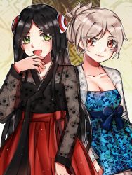 Rule 34 | 2girls, :d, absurdres, black hair, blush, breasts, brown eyes, cleavage, eramey, folded ponytail, green eyes, grey hair, hair ornament, hanbok, highres, irelia, korean clothes, league of legends, long hair, looking at viewer, multiple girls, open mouth, riven (league of legends), short hair, smile