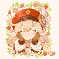 Rule 34 | 1girl, ^ ^, ahoge, aoyagi (ao0701yagi), blonde hair, blush, brown gloves, cabbie hat, child, closed eyes, closed mouth, clover print, coat, commentary, dodoco (genshin impact), eyelashes, flower, food, fruit, genshin impact, gloves, hair between eyes, hands on own cheeks, hands on own face, hands up, hat, hat feather, hat ornament, head rest, highres, klee (genshin impact), long sleeves, low twintails, medium hair, pointy ears, pom pom (clothes), red coat, red hat, short twintails, sidelocks, simple background, smile, solo, strawberry, strawberry blossoms, strawberry plant, symbol-only commentary, twintails, upper body, white background, white flower