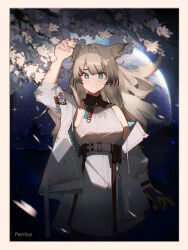 Rule 34 | 1girl, absurdres, animal ears, arknights, arknights: endfield, arm up, bare shoulders, black gloves, blue eyes, blush, border, brown border, brown hair, character name, closed mouth, commentary request, flower, full moon, gloves, high-waist skirt, highres, huajiaohaibao, jacket, long hair, long sleeves, looking at viewer, moon, open clothes, open jacket, perlica (arknights), puffy long sleeves, puffy sleeves, shirt, single glove, skirt, skyline, sleeveless, sleeveless shirt, smile, solo, very long hair, white flower, white jacket, white shirt, white skirt, yellow gloves
