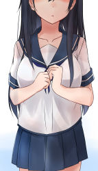 Rule 34 | 10s, 1girl, :o, absurdres, black hair, blue skirt, blush, breasts, collarbone, gradient background, head out of frame, highres, kantai collection, large breasts, long hair, looking at viewer, out of frame, parted lips, pleated skirt, saku (kudrove), school uniform, serafuku, short sleeves, simple background, skirt, solo, ushio (kancolle)