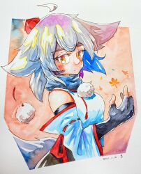Rule 34 | 1girl, ahoge, animal ears, black gloves, blush, closed mouth, commentary request, dated, detached sleeves, fingerless gloves, gloves, hat, highres, inubashiri momiji, leaf, looking at viewer, maple leaf, pom pom (clothes), red eyes, red hat, ribbon-trimmed sleeves, ribbon trim, shirakaba.q, solo, tail, tokin hat, touhou, traditional media, upper body, wolf ears, wolf girl, wolf tail